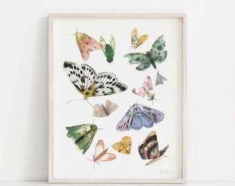Puede incluir: Una pintura de acuarela enmarcada de una colección de mariposas y polillas en varios colores, incluyendo verde, azul, rosa y amarillo. Las mariposas y polillas están dispuestas en un patrón aleatorio sobre un fondo blanco. La pintura está firmada "Emily Spen"