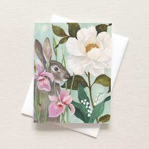 Carte de correspondance avec lapin et rose, carte de voeux botanique, carte d'art animalier, carte sur le thème du jardin, carte vierge aquarelle, carte illustrée à la main