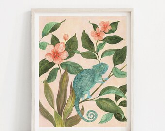 Stampa artistica Giclée Chameleon / Decorazione murale giungla tropicale