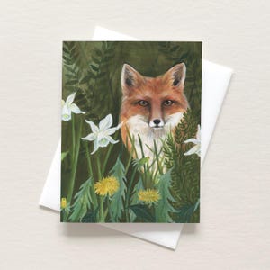 Carte de correspondance renard et fougères, carte de voeux botanique, carte d'art animalier, carte sur le thème du jardin, carte vierge aquarelle, carte illustrée à la main