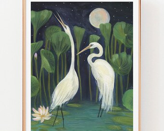 Midnight Egrets Art Print | Bird Print, Tropical Print, Bird Wall Art, Giclée Print, Fine Art Print, Bird Lovers