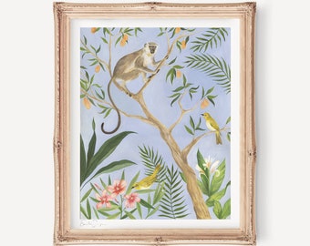 Langur aap aquarel giclée kunstafdruk | Tropische wanddecoratie