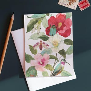 de correspondance de créatures de jardin de Zazzle.be Liste d'envies Vous avez des idées ? camélias, rose de Sharon, colibri, insectes | de voeux d'art botanique | Carte nature vierge