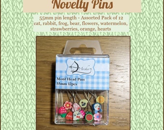 Pinnen nieuwigheid motief karakter hoofd naaien pin in doos | 55 mm, 12 stuks | Bloemen Kikker Vruchten Watermeloen | Geschenkgunst voor riolen kousvuller