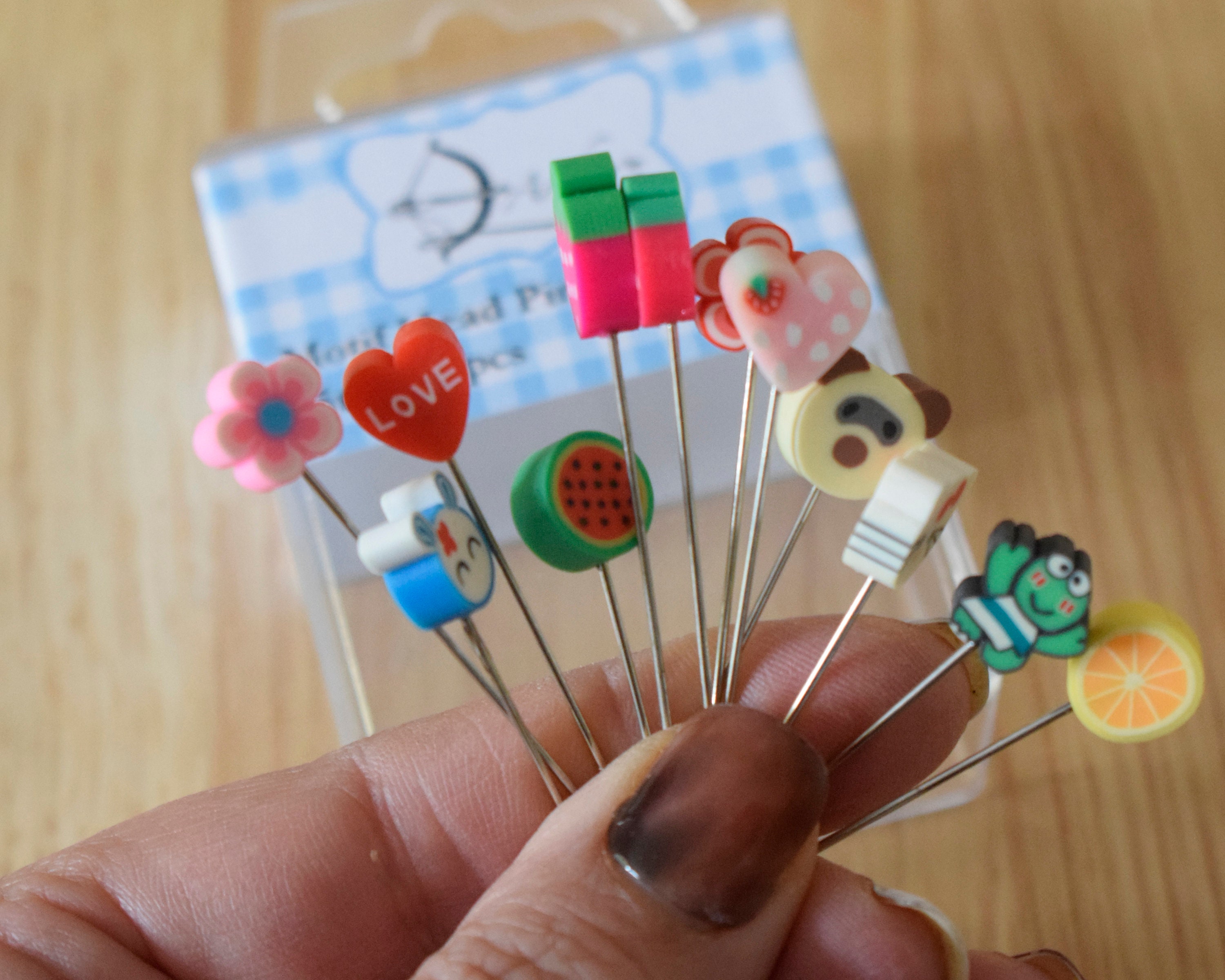 Pins Novelty Motif Character Head Sewing Pin in Box | 55mm 12 Pack | Flowers Frog Fruits Watermelon | Gift Favour for Sewers Stocking Filler