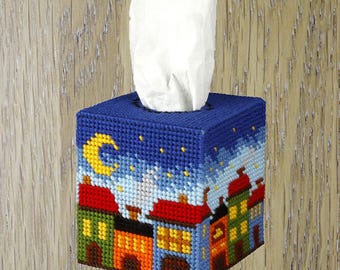 Needlepoint Kit - Tissue Box Cover - Night City - Plastic Canva