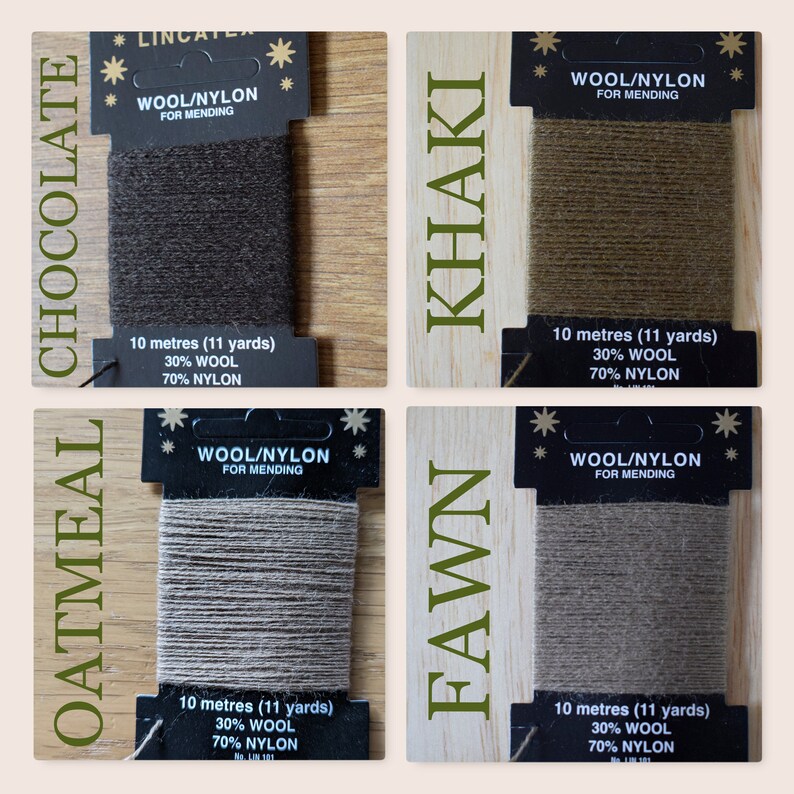 May include: Four spools of wool/nylon mending thread in the colors chocolate, oatmeal, khaki, and fawn. Each spool is labeled with the text "Wool/Nylon for Mending" and includes the length in meters and yards, as well as the percentage of wool and nylon.