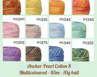 Pearl Cotton Size 8 | Mercerized Perlé | Anchor | Multicolour Variegated Shades | 10g 85m ball | Embroidery Dorset Buttons Tatting Hardanger