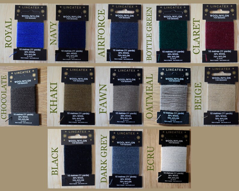 May include: A collection of 15 spools of wool/nylon thread for mending, each spool is labeled with a color name and the text "LINCATEX WOOL/NYLON FOR MENDING". The colors include: Royal, Navy, Airforce, Bottle Green, Claret, Chocolate, Khaki, Fawn, Oatmeal, Beige, Black, Dark Grey, Ecru.