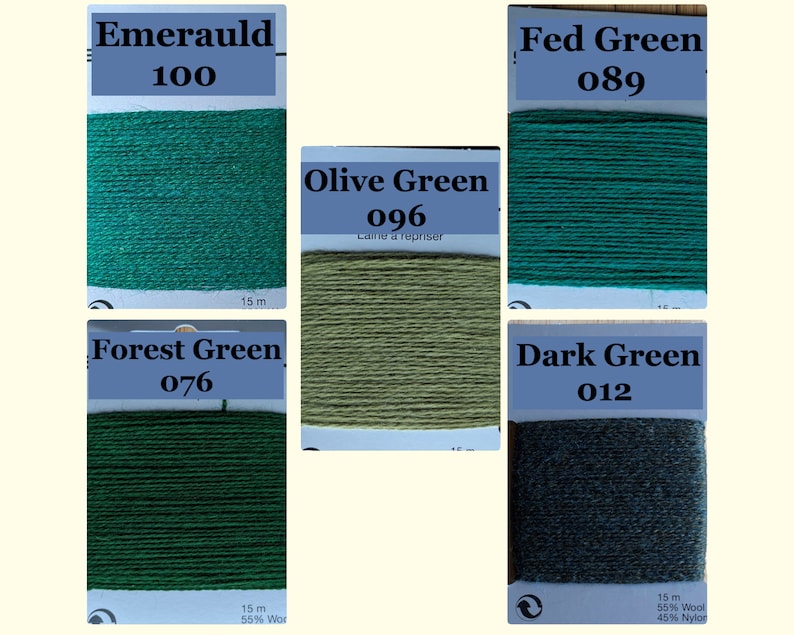 May include: Five rectangular cards of darning thread in various green shades. Labels include Emerauld 100, Fed Green 089, Olive Green 096, Forest Green 076, and Dark Green 012. Each card contains 15 metres of thread, with some labelled 55% wool and 45% nylon.