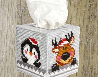 Needlepoint Kit - Tissue Box Cover - Winter Pets - Plastic Canva