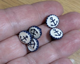 Buttons Anchor Pattern Navy and Cream Pack of 5 | Round Shank | 15L 10mm | Plastic