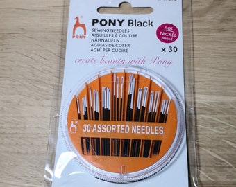 Agujas de Coser a Mano en Estuche Compacto / 30 piezas / Tamaños y Tipos Surtidos / Negras con Ojo Blanco / Sin Níquel / Negro Pony