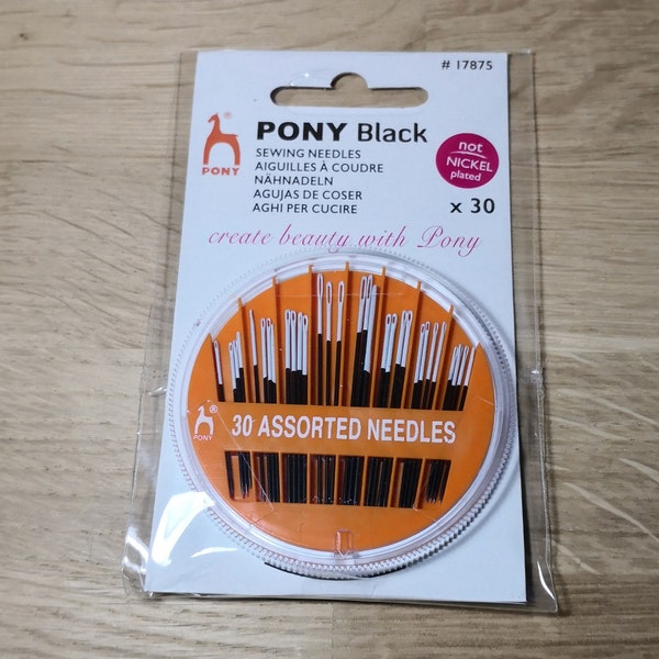 Hand Sewing Needles in Compact Case | 30 pcs | Assorted Sizes and Types | Black with White Eye | Nickel Free | Pony Black