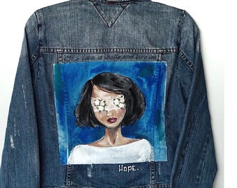 Hand-painted/ customized denim jacket/embroidery/ custom made/ handpainted/ handmade/ personalized denim jacket/ one of a kind jean jacket/