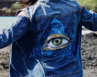ALL SEEING EYE hand-painted denim jacket/ unique design/ one of a kind denim jacket/ personalized denim/ custom jacket/ unique /wearable art