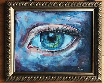 Acrylic and watercolor painting of an eye / universe / eye painting / acrylic / art / artist/ unique / gold frame /