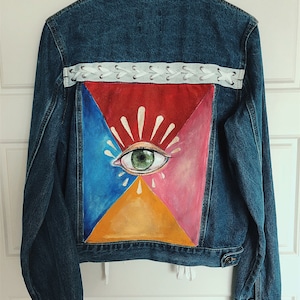 ALL SEEING EYE denim jacket/ Handpainted jacket/ custom denim/ personalized jean jacket/ one of a kind denim/ custom made/ handpainted/