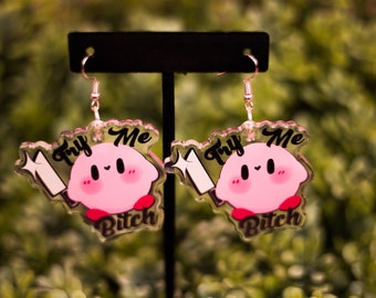 Kawaii Kirby Gamer Earrings - Try Me Knife Meme Acrylic Jewelry, Aesthetic Kawaii Gift, Clip Ons Available