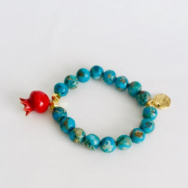 Turquoise Pomegranate Bracelet, turquoise beads and gold coin