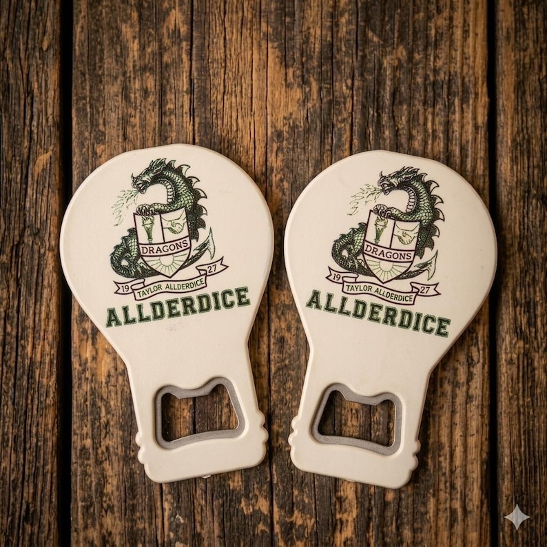 Rustic, soft-toned setup featuring a custom logo bottle opener magnet, ideal for a branded event souvenir or a thoughtful realtor favor gift.