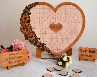 Wedding ceremony signs heart puzzle guest book alternative, Wedding reception sign the guestbook, Rustic wedding decorations