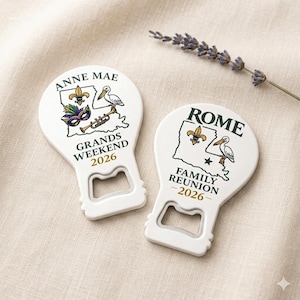 Personalized state bottle opener magnet with a custom laser-engraved family name, displayed as a meaningful family reunion favor.