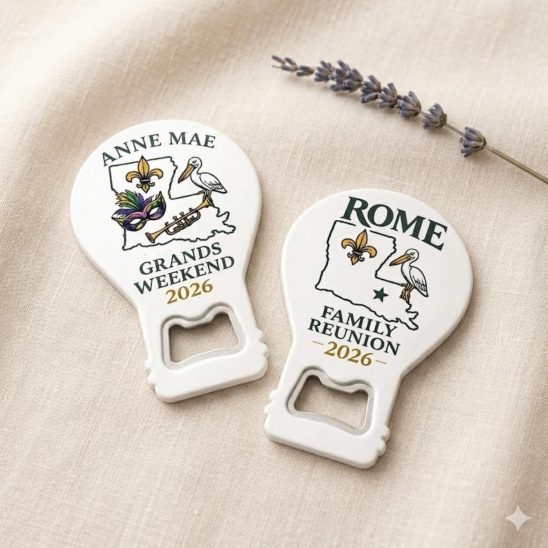 Personalized state bottle opener magnet with a custom laser-engraved family name, displayed as a meaningful family reunion favor.