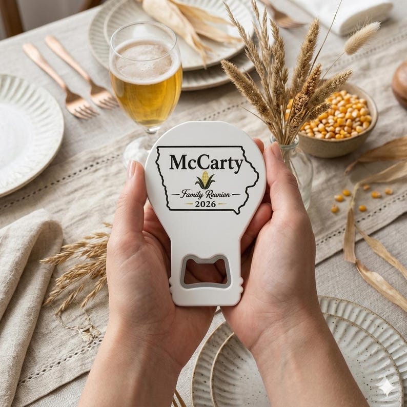 Personalized state bottle opener magnet with clean, crisp engraving, designed as a memorable family reunion favor for guests.