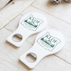 Custom family reunion gift item featuring a state outline bottle opener magnet, perfect for a wedding or family welcome bag souvenir.