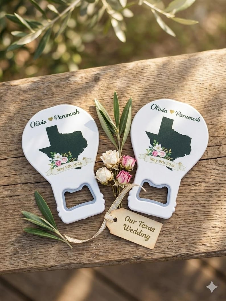Personalized Texas state shape bottle opener magnet with custom family reunion text and floral details.