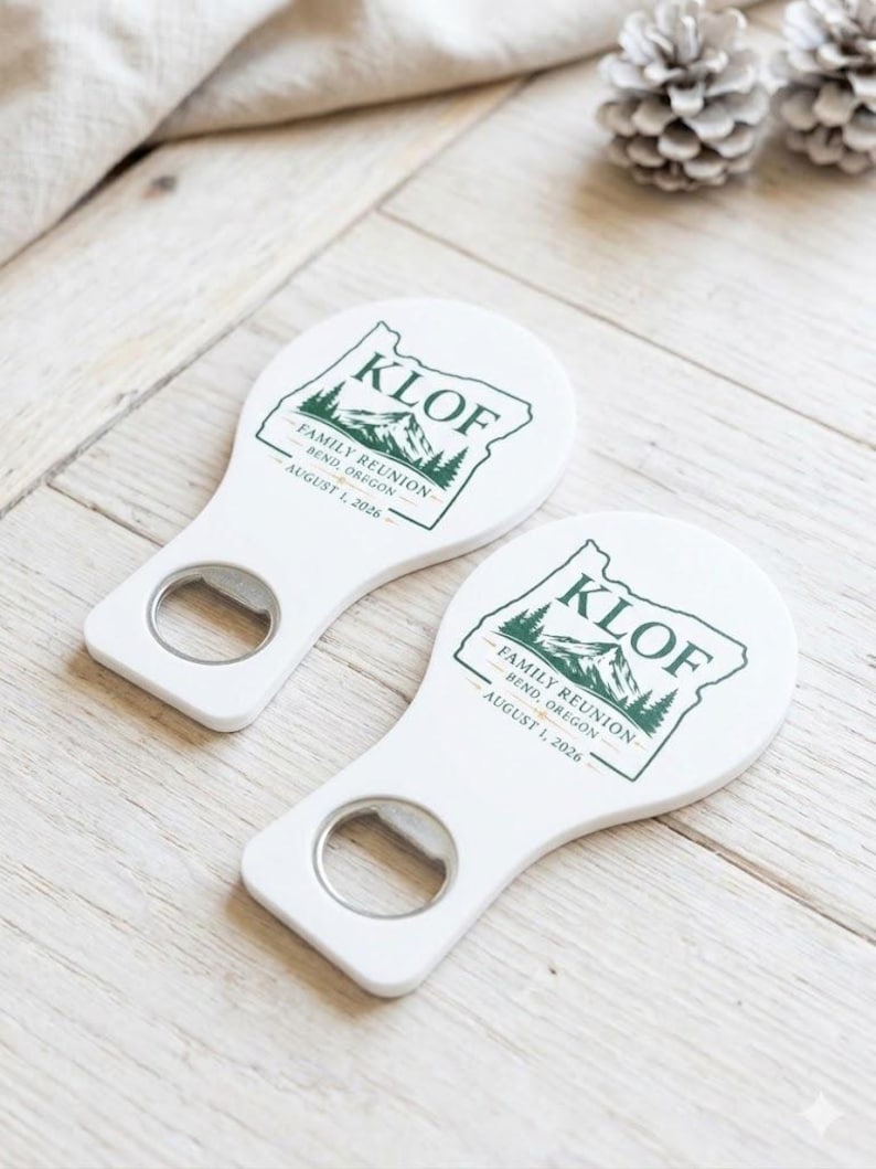 Custom logo bottle opener magnet displayed on an ivory rustic background, showcasing its high-quality print as a professional corporate business gift and branded event souvenir.