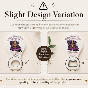 May include: Two white bottle openers featuring a purple and gold masquerade mask graphic, the text Phillips-Freeman-Justice 44th Family Reunion, New Orleans, July 2026, and a notice about slight design variations in the opener mechanism.