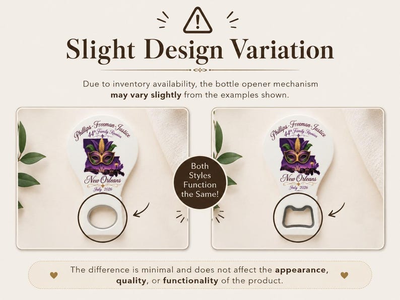 May include: Two white bottle openers featuring a purple and gold masquerade mask graphic, the text Phillips-Freeman-Justice 44th Family Reunion, New Orleans, July 2026, and a notice about slight design variations in the opener mechanism.