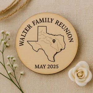 Posavasos personalizado para reunión familiar: recuerdo o recuerdo de madera grabado, regalo personalizado para una clase o reunión del 50.º aniversario.