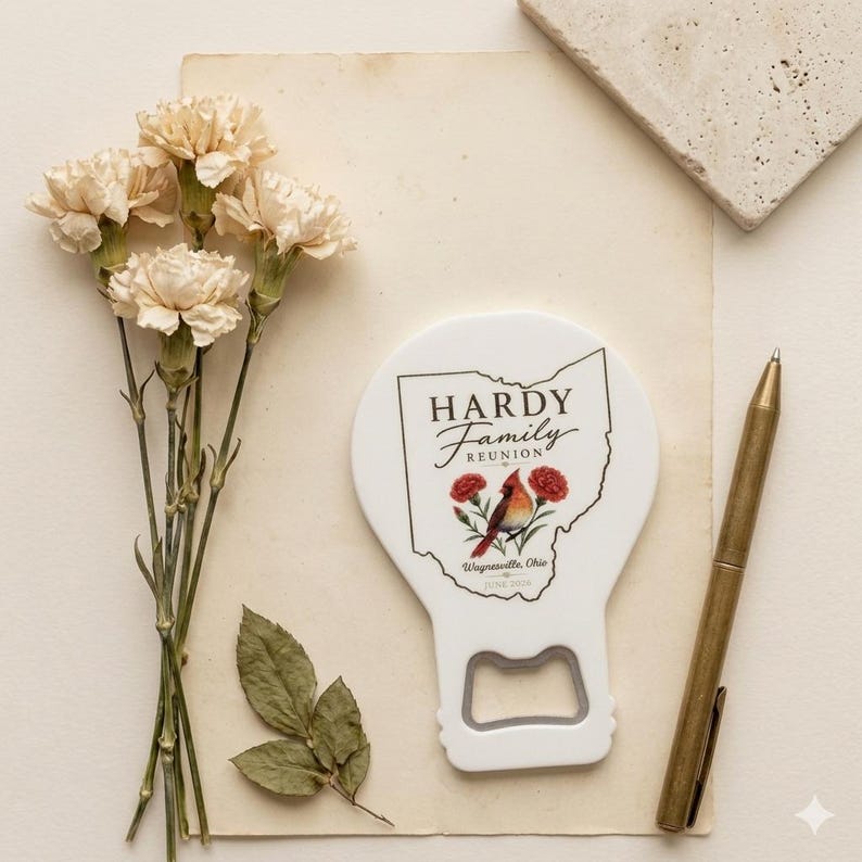 May include: A white bottle opener with a lightbulb shape, featuring the text "HARDY FAMILY REUNION" and a cardinal bird design. A gold pen and dried flowers are also present.