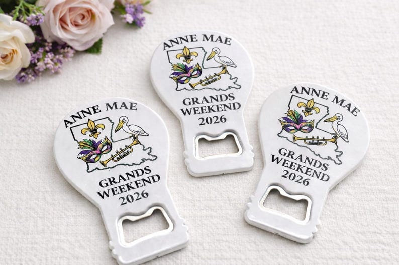 Vintage-inspired presentation of a custom logo bottle opener magnet, serving as a branded event souvenir and a professional realtor favor.