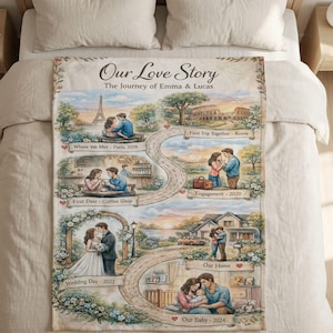May include: A personalised blanket with the title "Our Love Story", depicting a romantic timeline. The design includes illustrations of key moments: Paris, Rome, a coffee shop, engagement, wedding, and the birth of a baby. A sentimental keepsake.