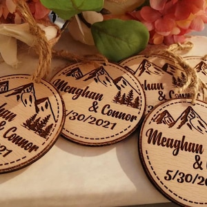 Personalized Rustic Wedding Favor for guests, Personalized Wooden Ornament, Custom Engraved Mountain design Favor, bulk wedding favor