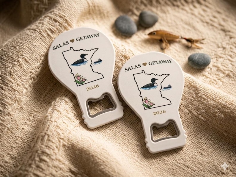 May include: Two white bottle openers featuring a black outline of the state of Minnesota, a loon, a small boat, and pink flowers. The text reads SALAS GETAWAY and 2026. The design includes a heart symbol between the words SALAS and GETAWAY.