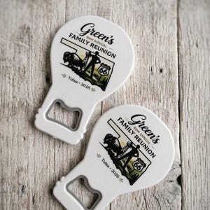 Sleek branded event souvenir magnet and custom logo bottle opener shown close-up, highlighting its utility as a unique realtor favor or business swag.