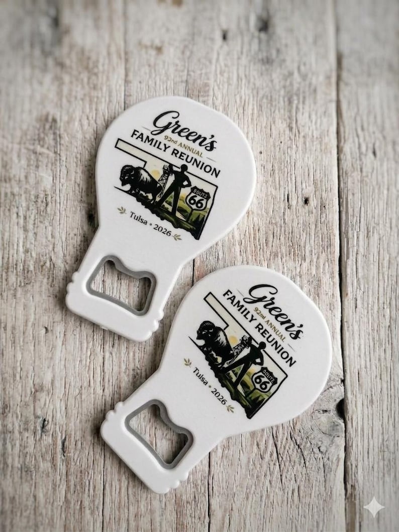 Sleek branded event souvenir magnet and custom logo bottle opener shown close-up, highlighting its utility as a unique realtor favor or business swag.