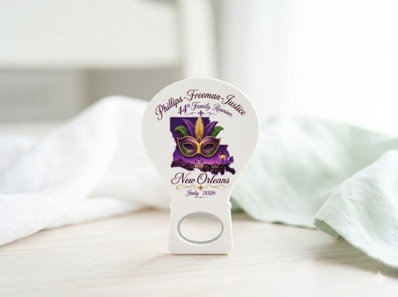 High-quality promotional swag giveaway bottle opener with a magnet backing, designed as a custom logo corporate business gift for trade shows.