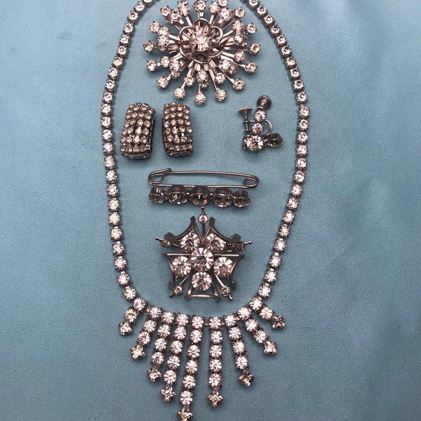 Mixed Lot Rhinestone Sparkly Jewelry Pieces 1 Necklace 2 Pair Earrings 3 Brooches All for One Price