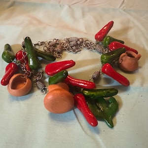 Mexican Folk Art Necklace, Clay Ollas (pots), Papier Mache Chilis, Silvertone Chain, 29” Matching Clay Cup Earrings, Festive