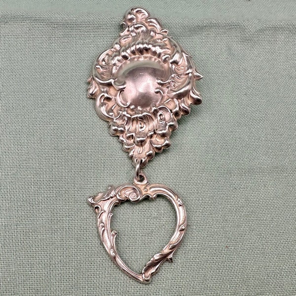 Sterling Silver Baroque Repousse Style Brooch with Dangling Open Heart Very Detailed Pin 3” Tall Pin Lovely