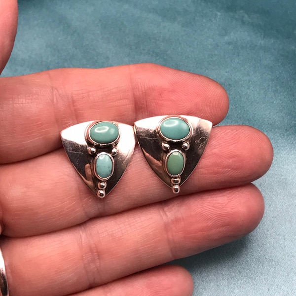 Navajo Turquoise Sterling Silver Post Earrings Triangular Shaped Vintage Very Pretty Nakai Native American Southwest