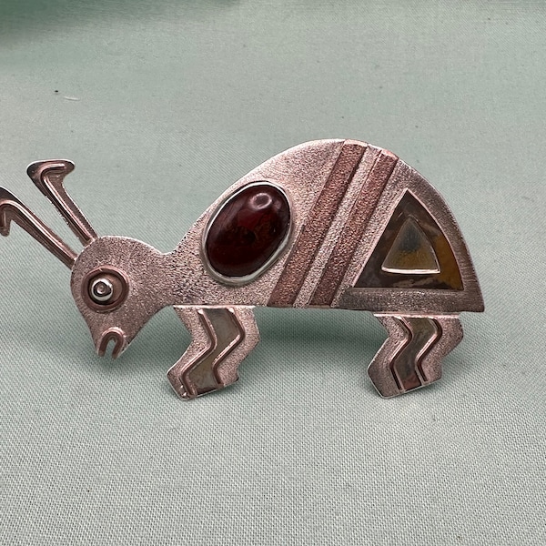 Navajo Michael Hurley Large Insect Brooch or Pendant Sterling Silver with Copper Accents Jasper Cabochon Southwest Mimbres Design