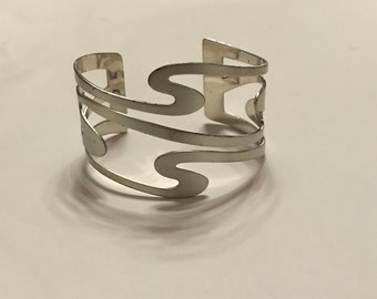 Sterling Silver Wave Cuff Bracelet, Renoir Sauteur, Mid Century Modern, Swirls, Vintage 1950s