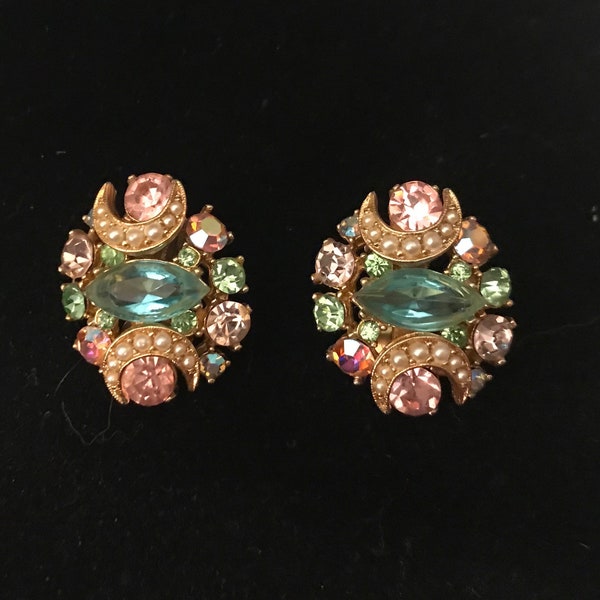 Vintage Rhinestone Faux Pearl Earrings Blue Pink Green Rhinestones Clip On 1950 1960 Retro Mid Century